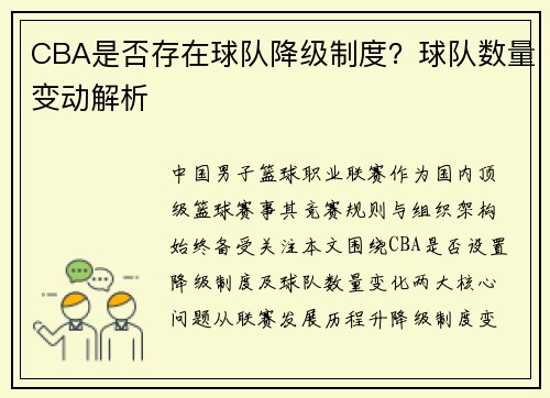 CBA是否存在球队降级制度？球队数量变动解析